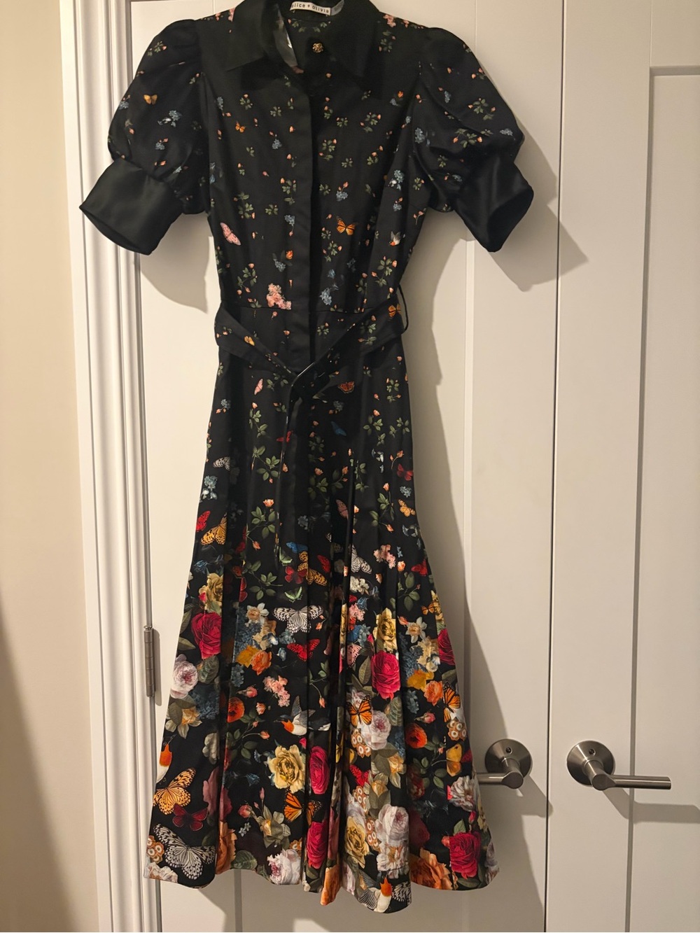 Alice + Olivia Black Floral & Butterfly Midi Dress with Puff Sleeves - Picture 5 of 8